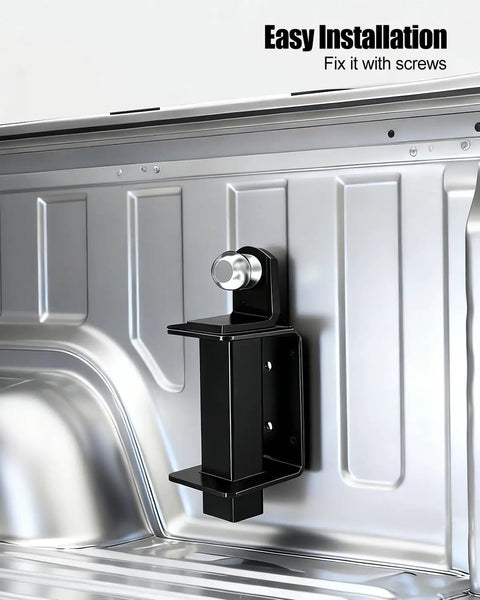 Heavy Duty 2 Inch Trailer Hitch Receiver Holder For Ball Mount Shanks And Tow Straps Locked Down With A Rock Solid Steel Build mounted in a truck bed.