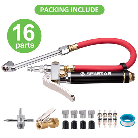 Heavy Duty Tire Pressure Gauge With Inflator And Air Chuck 4 Way Tool Valve Cores And Air Compressor Attachments for cars and trucks