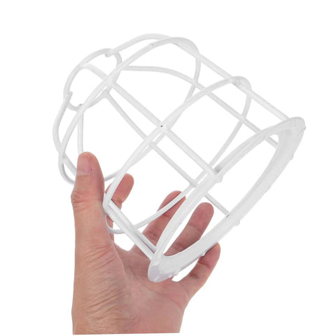 Heavy Duty Wire Lamp Shade And Bulb Guard Cage being held; weatherproof protective fixture cover in white, designed for outdoor pendant lights.