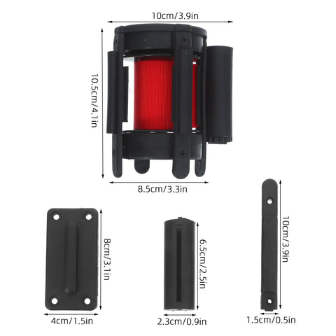 Heavy Duty Retractable Belt Barrier Wall Mounted Crowd Control Divider Featuring Smooth Gliding Telescoping Tape for busy malls, showing dimensions and features.