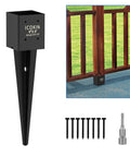 Heavy Duty Fence Post Anchor Ground Spike 24 Inch Metal Post Base Fits 3.6 by 3.6 Inch Black Powder Coated shown with screws and attachment in use.