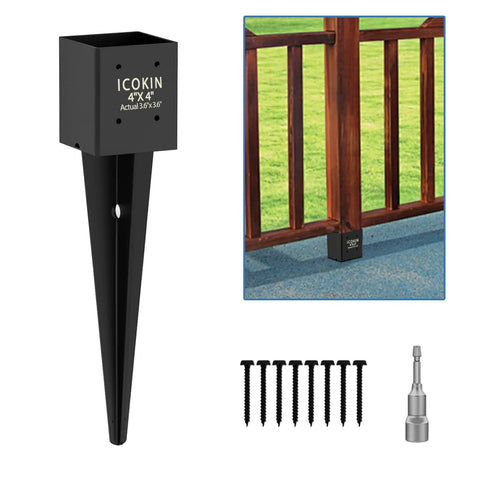 Heavy Duty Fence Post Anchor Ground Spike 24 Inch Metal Post Base Fits 3.6 by 3.6 Inch Black Powder Coated shown with screws and attachment in use.