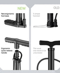 Comparison of new and old Versatile Handheld Bike Pump With Dual Presta And Schrader Valves, highlighting ergonomic design improvements.
