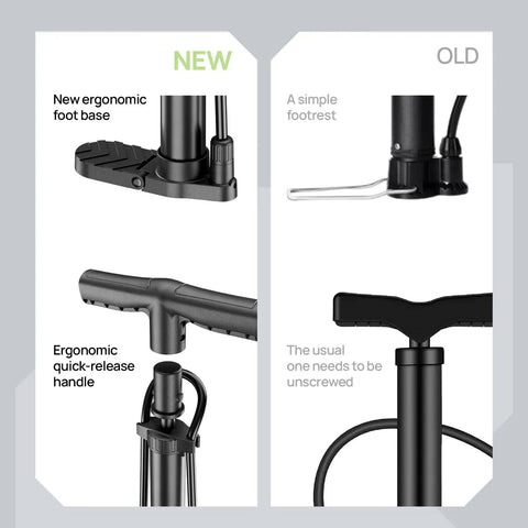 Comparison of new and old Versatile Handheld Bike Pump With Dual Presta And Schrader Valves, highlighting ergonomic design improvements.