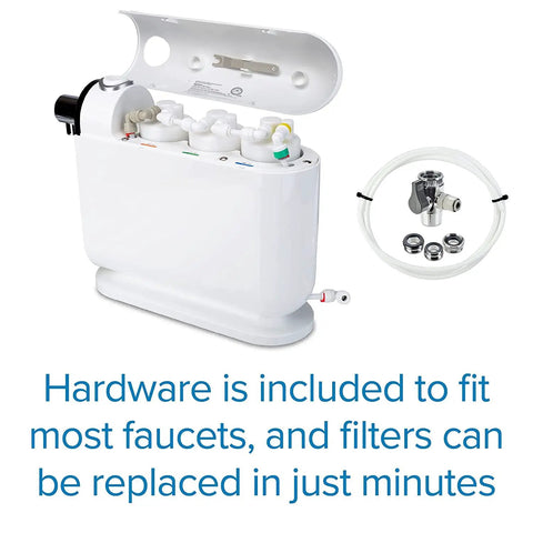 H630 Cypress Countertop Water Filter System With On Demand Three Stage Filtration showing open top and included faucet hardware