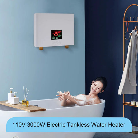 Top Shelf Electric Tankless Water Heater Delivers Hot Water On The Fly With A Slick Point Of Use Design above a soaking bathtub.