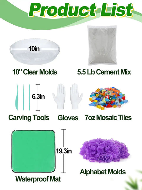 All In One 10 Inch Stepping Stone Kit With Cement Mix Concrete Molds Mosaic Tiles Carving Tools Letter And Number Stamps Gloves And Mat product contents