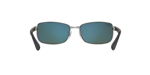 Rectangular Sunglasses With Gunmetal Frame And Green Polarized Lenses For All Day Comfort And Everyday Go To Style, 60mm Width, UV Protection, Lightweight And Durable Eyewear For Men And Women, front view.
