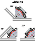 Heavy duty welding magnets displaying 45, 90, 135 degree angles for metal fabrication and alignment.