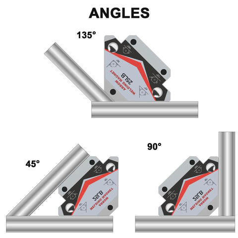 Heavy duty welding magnets displaying 45, 90, 135 degree angles for metal fabrication and alignment.