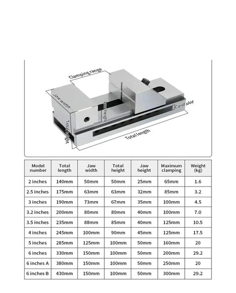 Detailed dimensions of Rock Solid Cnc Milling Vise With Fast Swap Flat Jaws Fixture, including sizes and specifications.