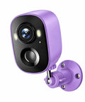 Zero Wire Mess Wireless Outdoor Security Camera Delivering Crisp 2K HD Footage And Rock Solid Battery Life, purple weather-resistant design.