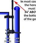 Pool Gate Latch for Chain Link Fences Kid Safe Push Style Lock on 1-5/8 inch frame and 2-3/8 inch post, handle position shown.