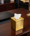 Gold Plated Tissue Box Cover Holder, Square Luxury Tissue Box Holder For Bathroom Vanity Office Bedroom Living Room on desk
