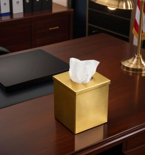 Gold Plated Tissue Box Cover Holder, Square Luxury Tissue Box Holder For Bathroom Vanity Office Bedroom Living Room on desk