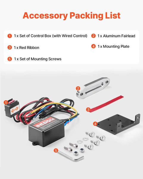 Accessory packing list for VEVOR 3500 Lb Electric Winch 12V DC, including control box, aluminum fairlead, ribbon, mounting plate, and screws.