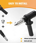 Heavy Duty 3 Piece Pop Rivet Gun Adapter Kit For Cordless Power Drills Built Tough Steel Riveting Tool Attachment showing ergonomic grip.