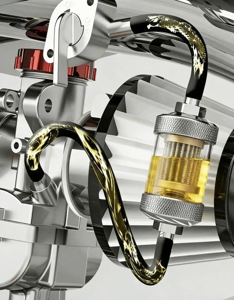 Universal Inline Fuel Filter Kit with clear view filter for three sixteenth inch 5mm fuel lines in metallic setup