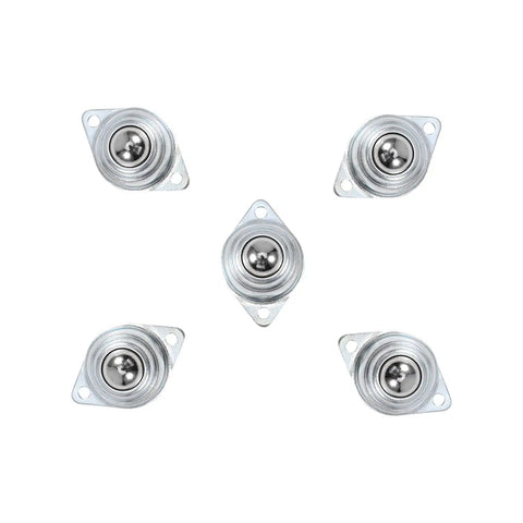 5 Pcs Zinc Plated Universal Steel Transfer Bearings With 2 Mounting Holes For Turntables, Conveyors, Electronics, And Machinery, No Fuss Install, Smooth Glide, Heavy Duty Build, Versatile Motion Components. Five zinc-plated steel transfer bearings with two mounting holes