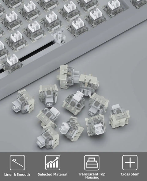 Creamy White Linear Keyboard Switches 42gf 3 Pin Pre Lubed With POM Stem For MX Mechanical Keyboard Compatible Switch Set Pack Of 100 For Quiet Smooth Accurate Typing And Rapid Gaming Sessions, translucent top housing