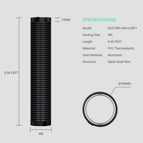 Diagram showing specifications of Workhorse Easy Install 4 Inch Dryer Vent Hose With Two Clamps, 6.56 Ft Heavy Duty Flexible Duct