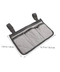Bed Rail Organizer With Four Pockets And Cup Holder, Hanging Bedside Storage Caddy in gray fabric, dimensions shown