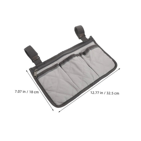 Bed Rail Organizer With Four Pockets And Cup Holder, Hanging Bedside Storage Caddy in gray fabric, dimensions shown