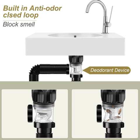 Upgraded Bathroom Sink Drain Kit With Flexible Expandable P Trap, Pop Up Stopper, Easy Install, shown with anti-odor loop