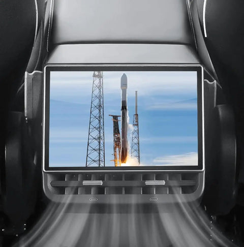 Slick Aftermarket Rear Seat Entertainment Screen For Tesla Model 3 And Model Y With 8.66 Inch HD touchpad displaying rocket launch.