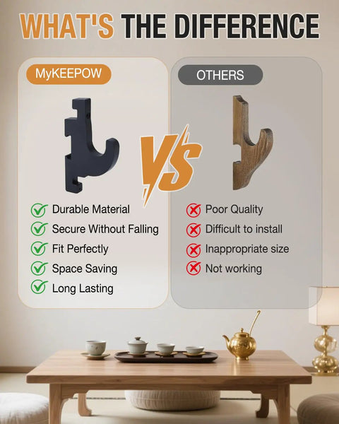 Comparison of MyKEEPOW and other wooden sword wall mount kits showing quality differences.