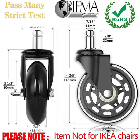 HOSALI 3-inch rubber office chair caster wheels with metal stems; black, front and side views (set of 5)