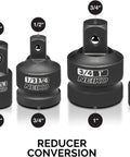Garage Ready Eight Piece Impact Socket Adapter And Reducer Set For One Quarter Three Eighths One Half Three Quarters And One Inch Drives CrV Steel Ball Detent Locking Adapters SAE Size Converter Kit For Impact Wrench And Driver, showing reducers and adapters with various drive sizes.