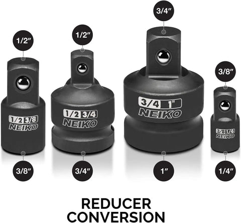 Garage Ready Eight Piece Impact Socket Adapter And Reducer Set For One Quarter Three Eighths One Half Three Quarters And One Inch Drives CrV Steel Ball Detent Locking Adapters SAE Size Converter Kit For Impact Wrench And Driver, showing reducers and adapters with various drive sizes.