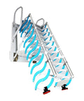 Electric Telescopic Attic Ladder Forged Aluminum Wall Mounted Folding Stairway with blue steps, showing smooth deployment mechanics.