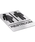 Unisex Restroom Sign For Business With ADA Braille, 9x6 Inch Self Adhesive Door Or Wall Sign, silver acrylic with symbols