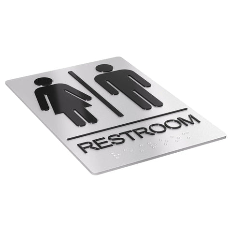 Unisex Restroom Sign For Business With ADA Braille, 9x6 Inch Self Adhesive Door Or Wall Sign, silver acrylic with symbols