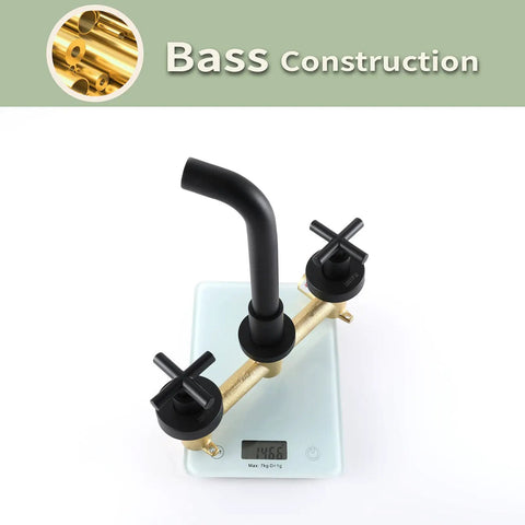 Matte Black Wall Mount Bathroom Faucet With Two-Handle Design, Honeycomb Spout For Less Splash, Brass Construction Detail