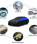 All Weather Waterproof Car Cover Universal Fit For Sedans And Coupes depicted protecting car from elements, showcasing features.