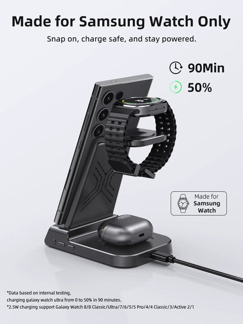 All In One 3 In 1 Wireless Charging Stand With Dimmable Clock And Nightstand Organizer For Galaxy Phones, Watches, And Buds