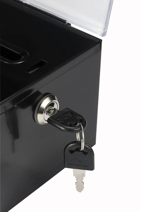 Close-up of Lockable Acrylic Donation Box for Fundraisers and Raffles Multipurpose Suggestion Box with key in lock