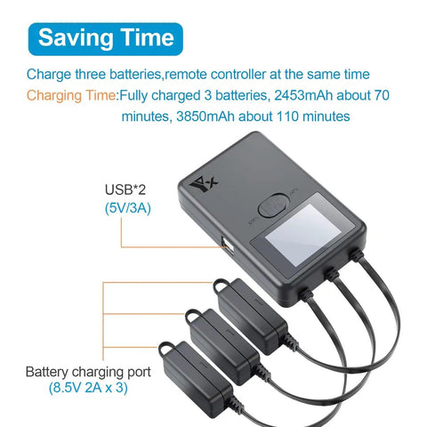 Fast USB Battery Charging Hub For Mini 3 Pro Drone, 3 Port Parallel Charger with connected cables and display screen