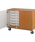 36 Inch Tall Mobile Storage Cabinet With 18 Pull Out Trays And Secure Locking Doors, wood finish, open sliding bins, rolling organizer.