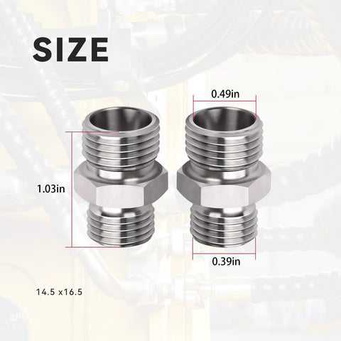 Two stainless steel hydraulic hose thread connectors for excavators; hex-nut bodies, compact size (2 pcs).
