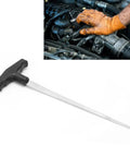 Close-up of Windshield Removal Tool With Ergonomic T Shaped Wire Feeder For Quick Glass Disassembly next to a hand working on a car engine.