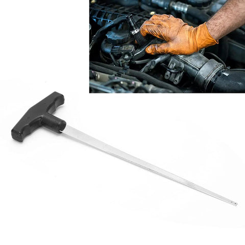 Close-up of Windshield Removal Tool With Ergonomic T Shaped Wire Feeder For Quick Glass Disassembly next to a hand working on a car engine.