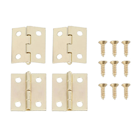 Four gold small hinges set with screws for crafting and decorative boxes, metal hinges, durable golden yellow finish.