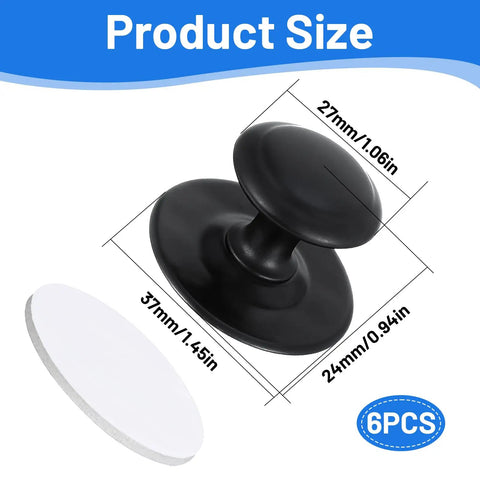 6 Pack Black Self Adhesive Cabinet Knobs No Drill Stick On Hardware Handles with size dimensions shown