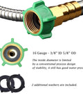Side view of Beaulife 304 stainless garden hose connector with green plastic nut and brass fittings; 2 washers included