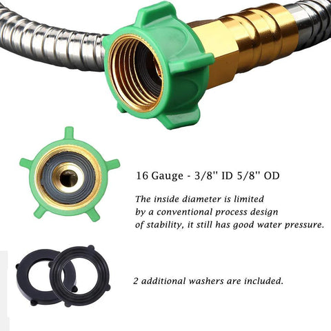 Side view of Beaulife 304 stainless garden hose connector with green plastic nut and brass fittings; 2 washers included