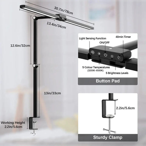 Ultra Wide Dual Head Desk Lamp With Clamp Mount, 30.7 Inch 24W LED, features and dimensions displayed